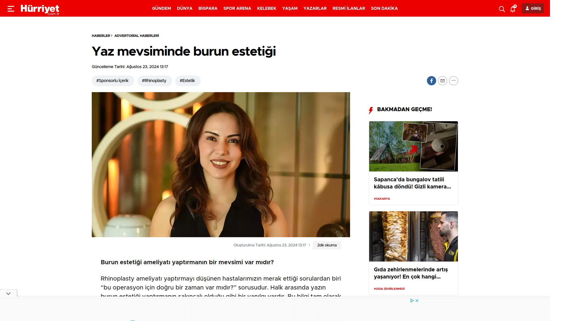 Hürriyet – Yaz Mevsiminde Burun Estetiği